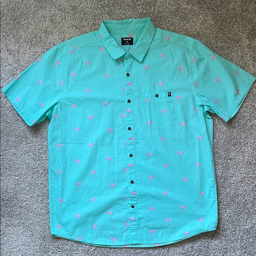 Hurley Men’s Aqua Flamingo Print Button Down Shirt - XL